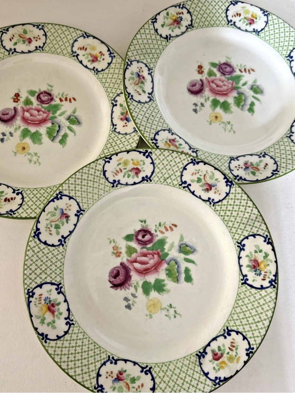 3 Wedgwood Imperial Porcelain Floral Basket Dinner Plate's Antique England